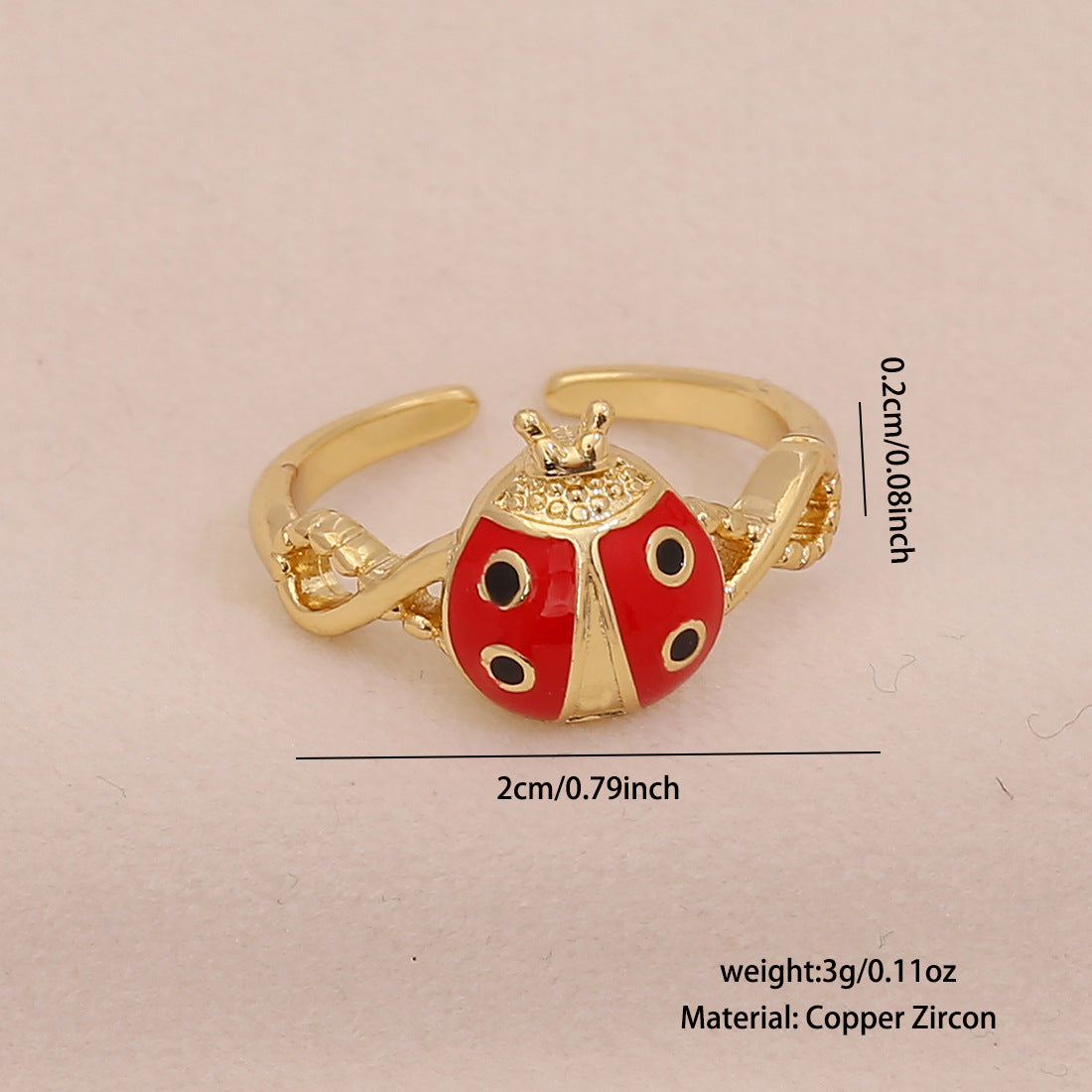 Cute Ladybug Ring in Copper with Enamel Finish for Women, Insect-Shaped Vintage-Inspired Jewelry