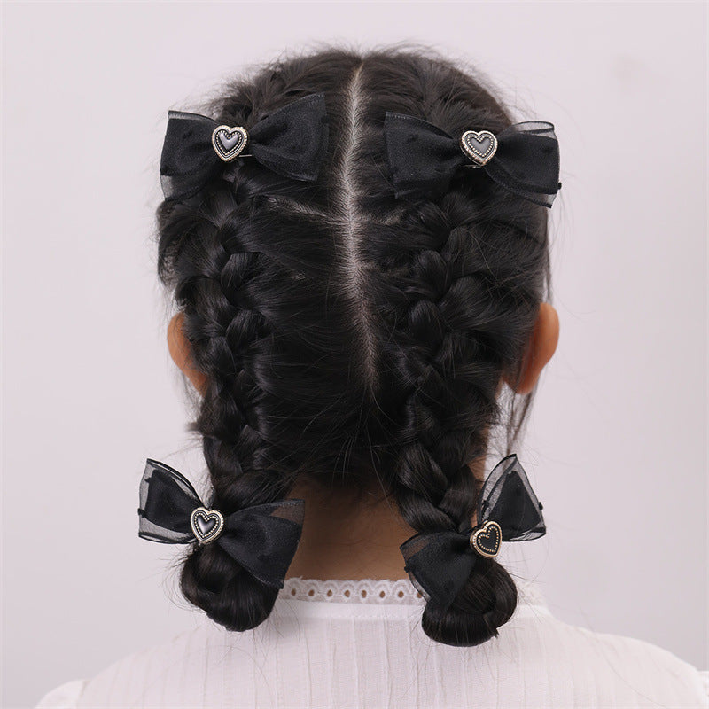 Set di 4 Fermagli per Capelli con Fiocco Nero per Bambine, Dolce e Audace, con Rete e Design a Cuore, Collezione di Accessori per Capelli