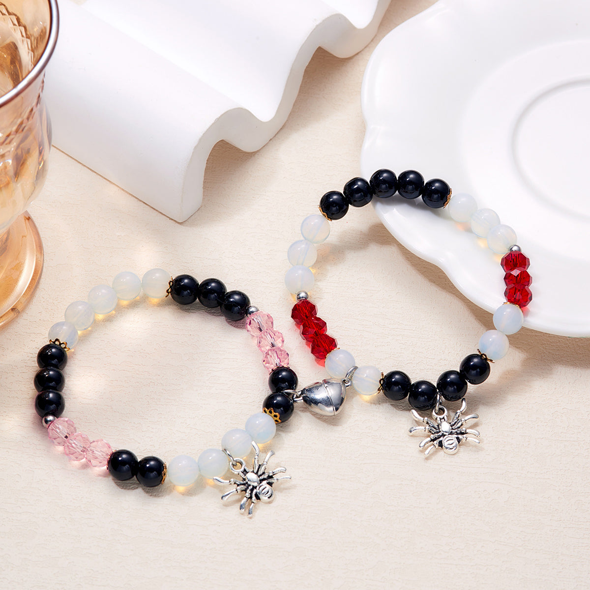 Halloween Spider Heart Geometric Magnetic Elastic Beaded Bracelet for Couples