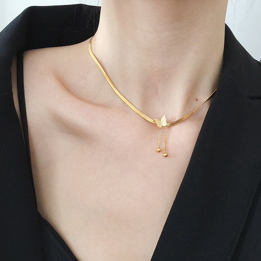Fashion 18K Gold Plated Titanium Steel Butterfly Pendant Snake Chain Necklace Unisex