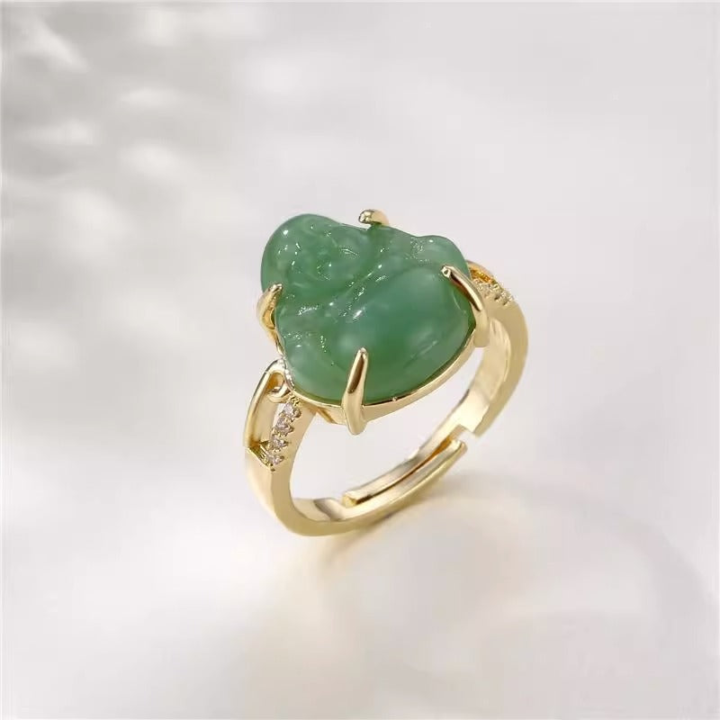 Anello Buddha di Design Originale in Rame Placcato Oro 18K con Intarsio in Giada, Fascia Aperta Regolabile per Donna