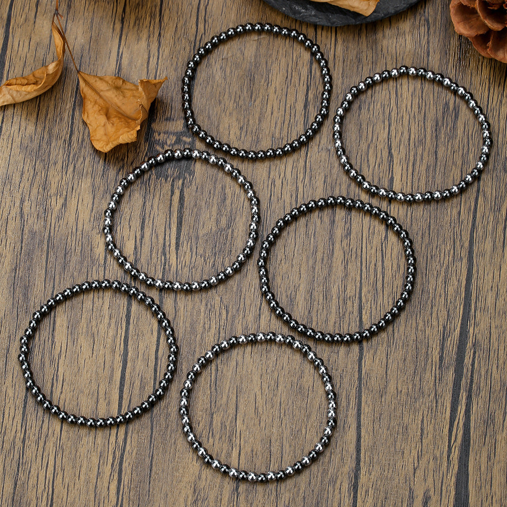 Minimalist Fashion Hematite Titanium Hertz Bracelet for Women with Black Obsidian Beads and Elastic Band