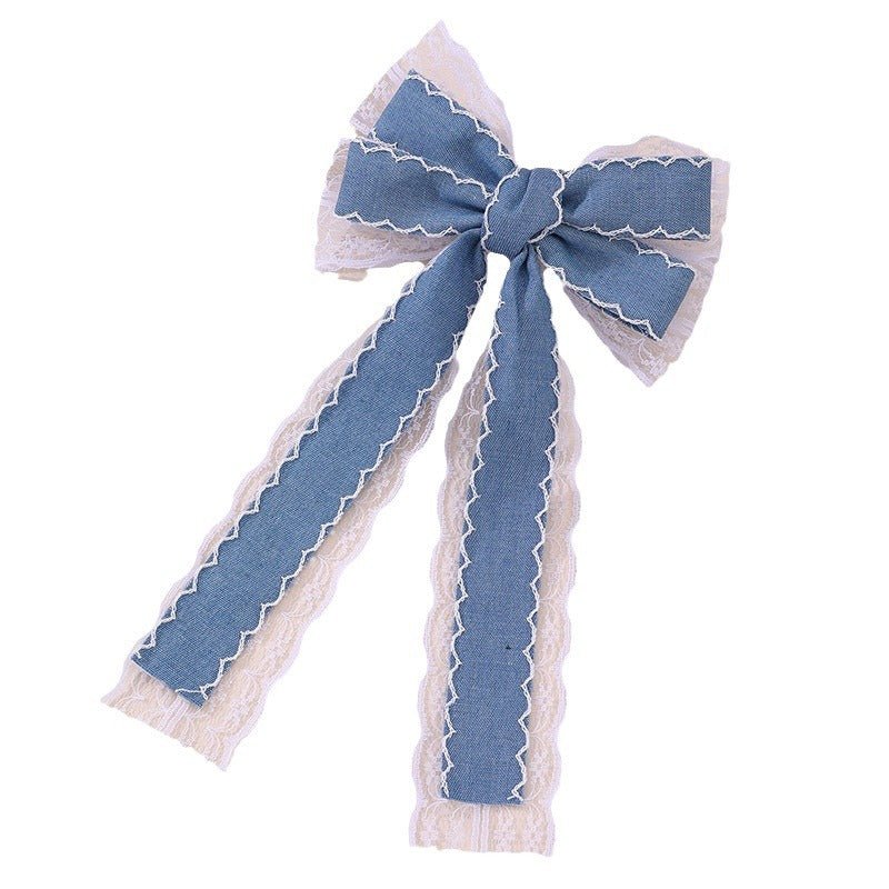 Dolce fermaglio per capelli a forma di fiocco con nastro blu e tessuto in tulle per bambine, fermaglio a molla in stile principessa