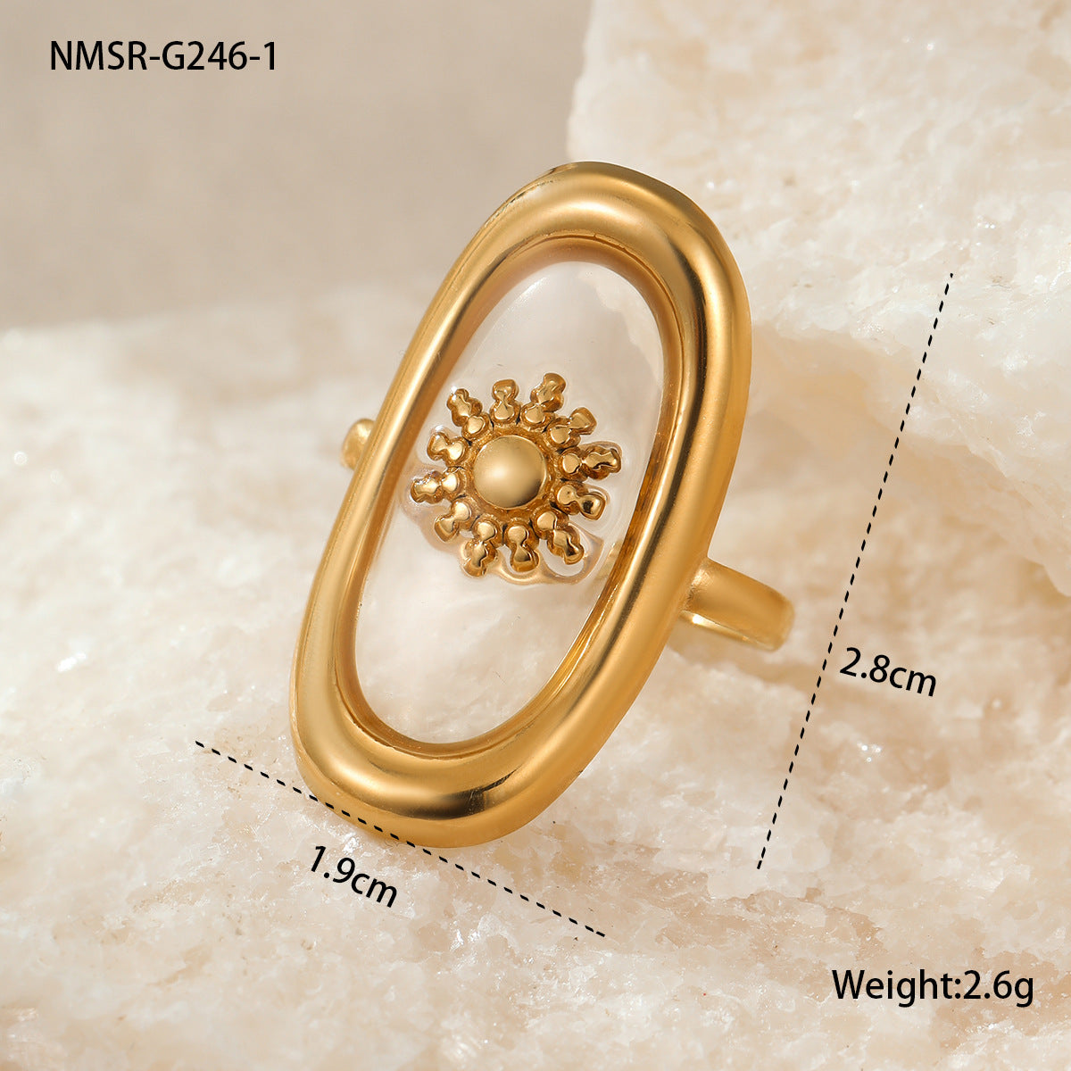 Light Luxury Floral-Shaped Stainless Steel Ring for Women with Epoxy Resin Preserved Flowers and Plated Finish