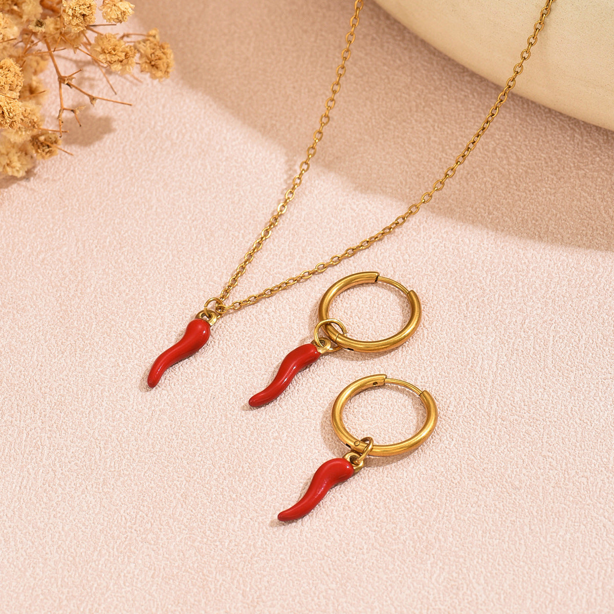 Minimalist Red Chili Pepper Stainless Steel Jewelry Set for Women with Plated Necklace and Earrings