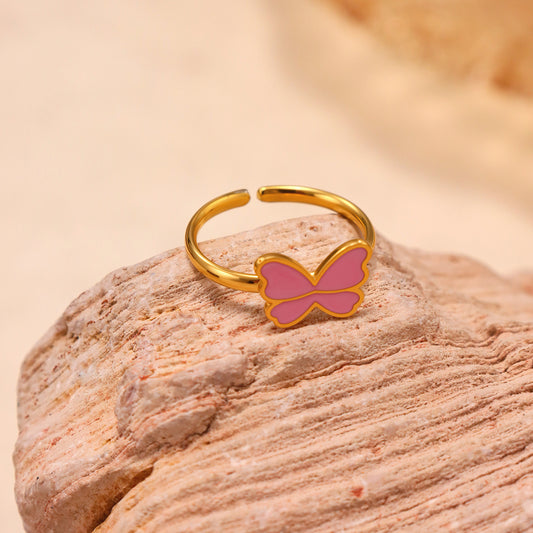 Pink Butterfly Necklace Set for Girls with Stainless Steel Chain and Titanium Steel Pendant, Enamel Finish, Fashionable Minimalist Jewelry Collection Including Necklace, Bracelet, Ring, and Earrings