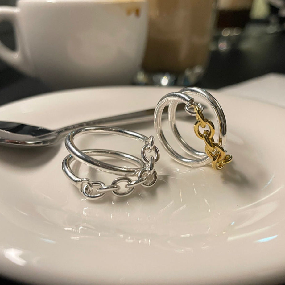 Anillo de Plata de Ley 925 Minimalista con Diseño de Ola y Cadena para Mujer