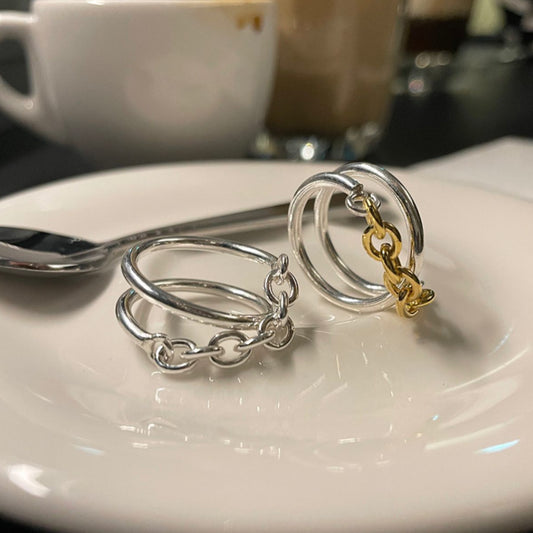Anillo de Plata de Ley 925 Minimalista con Diseño de Ola y Cadena para Mujer