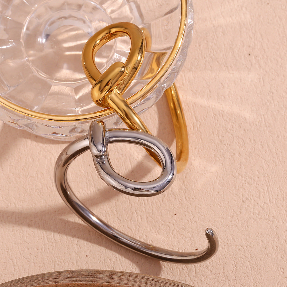 Minimalist Geometric Stainless Steel Plated 18K Gold Wire-Wrapped Hollow Teardrop Cuff Bracelet for Women