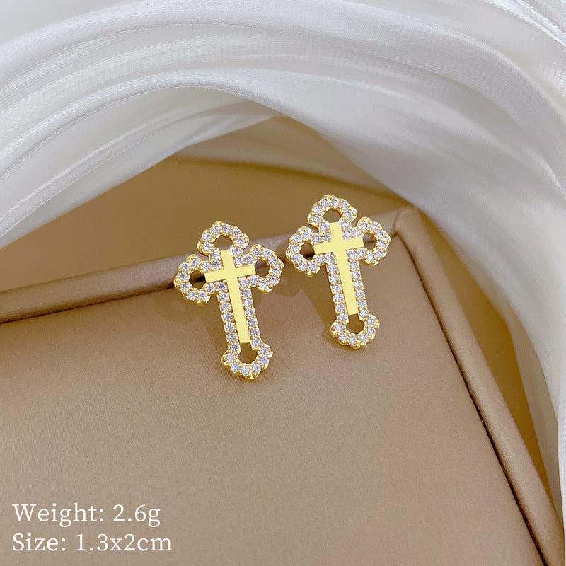 Sweet Minimalist Hollow Cross Moon Rhinestone Titanium Steel Necklace Set with Curb Chain for Unisex