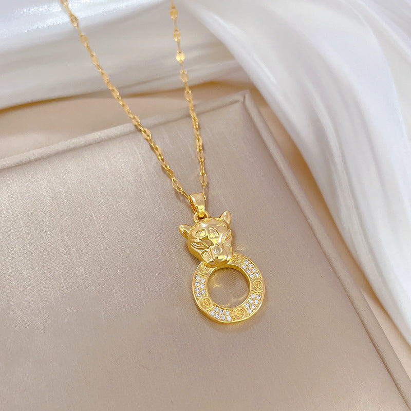 Elegant Leopard Pendant Necklace for Women in Stainless Steel with Geometric Design and Moon Motif