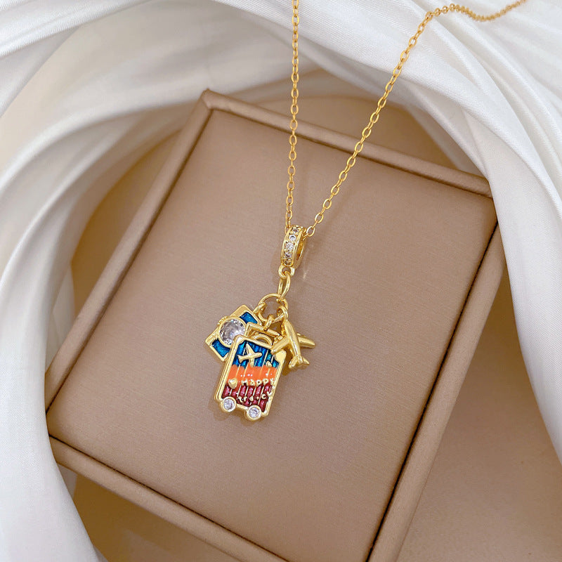 Cartoon Style Airplane Camera Pendant Necklace for Women with Zircon Inlay on Titanium Steel Chain