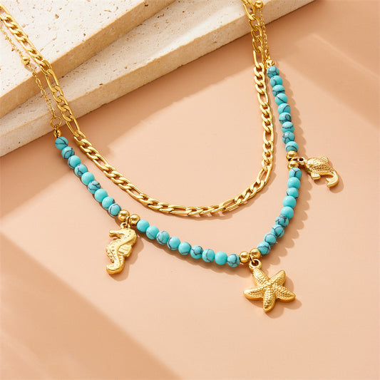 Vintage Ocean-Themed Gold-Plated Stainless Steel Necklace with Seahorse Starfish Carp Pendants and Turquoise Beads