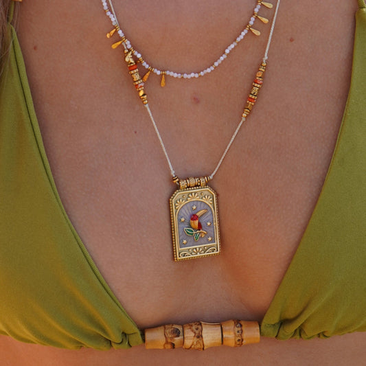 Retro Tarot Card Heart Eye Flame Pendant Necklace for Women in Copper with Gold Plating