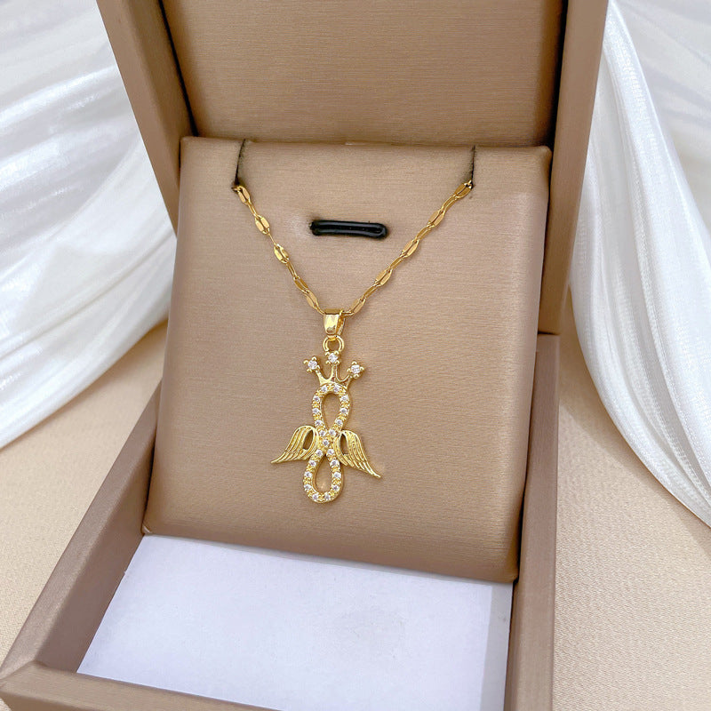 Elegant Angel-Shaped Geometric Pendant Necklace for Women and Men with Full Rhinestone Inlay on Titanium Steel Chain