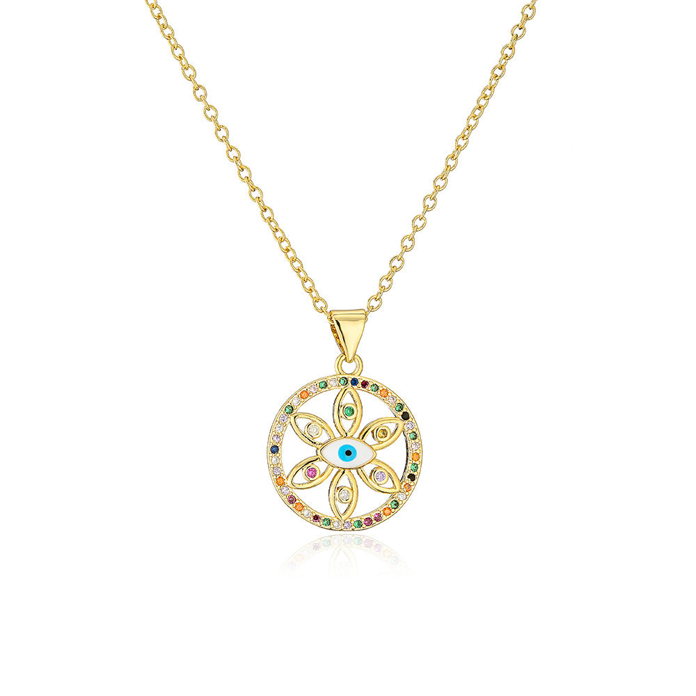 Bohemian Style Geometric Evil Eye Pendant Necklace in Copper with 18K Gold Plating and Enamel Finish, Set with Zircon