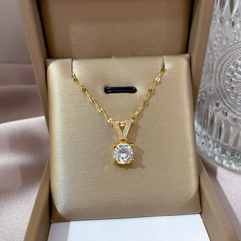 Minimalist Geometric Titanium Steel Necklace with Gold Plated Brass Pendant and Rhinestone Inlay