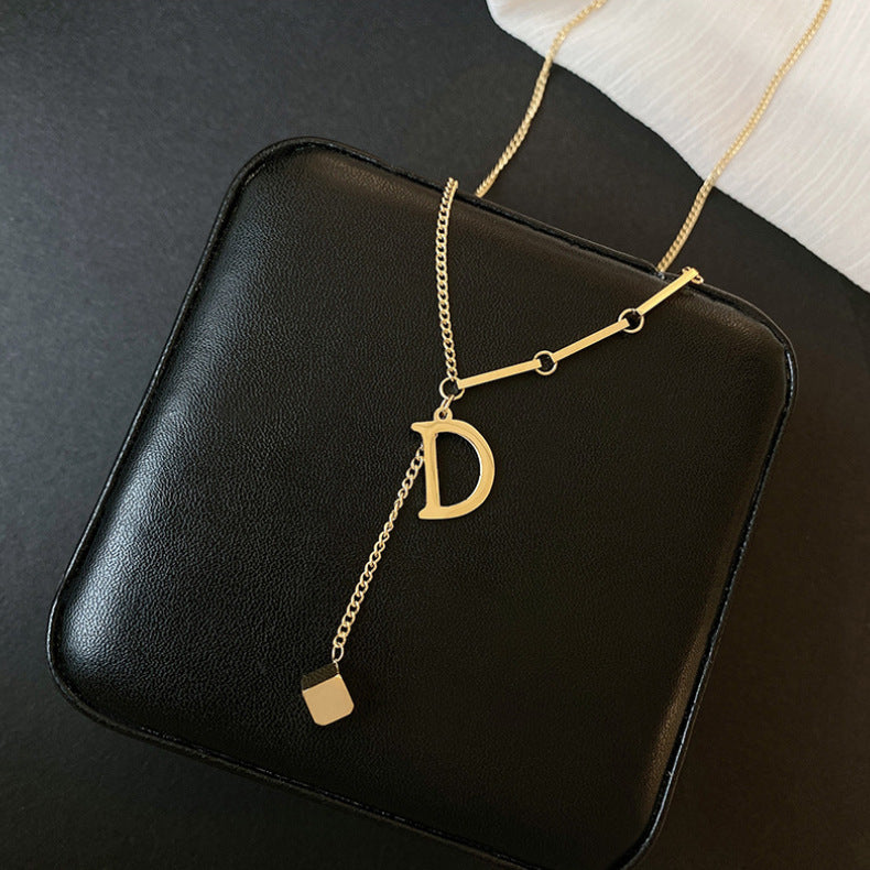 Minimalist Letter D Pendant Necklace in Titanium Steel with Real Gold Plating for Women
