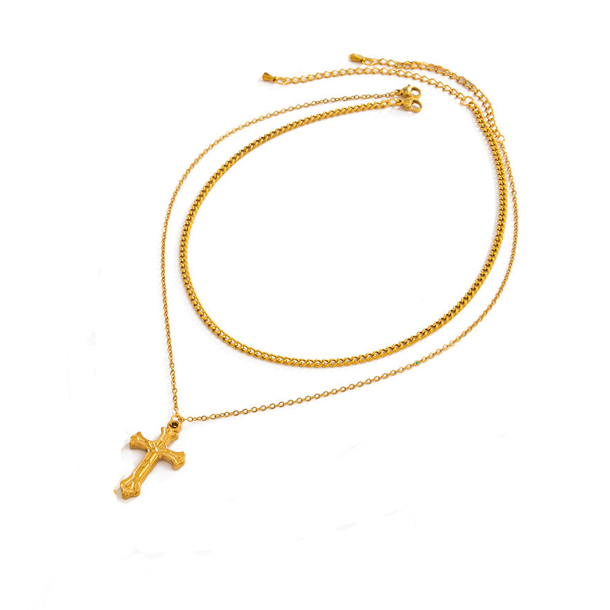 Hip-hop Cross Pendant Stainless Steel Necklace with Crystal Colorful Chain for Women