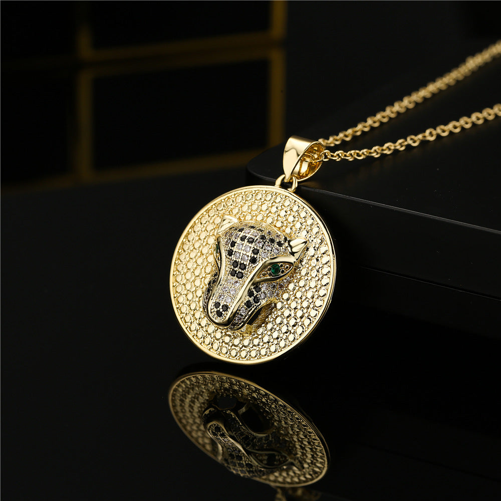 Personalized Geometric Leopard Head Micro-Inlaid Cubic Zirconia Brass Pendant Necklace with Cable Chain