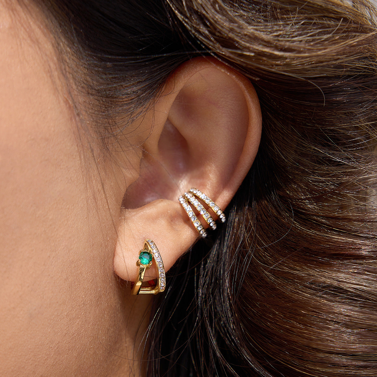 Elegant Geometric Stainless Steel Earrings with Green Cubic Zirconia and Rhinestone Plated Finish for Women