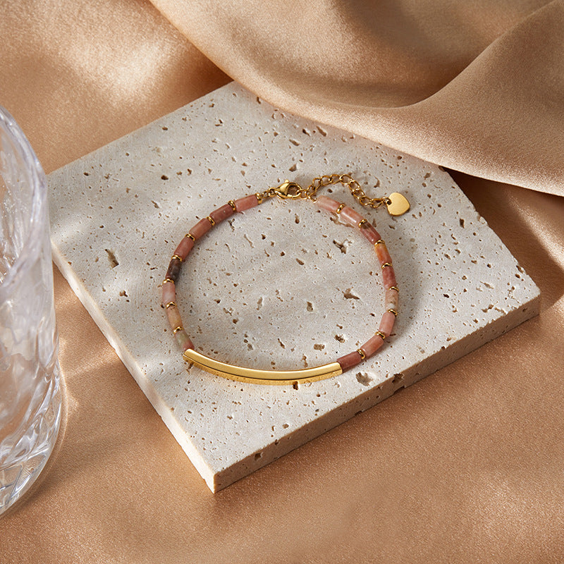 Pulsera geométrica de acero inoxidable de moda con baño de oro de 18 quilates y cuentas de jade Dongling verde para mujer