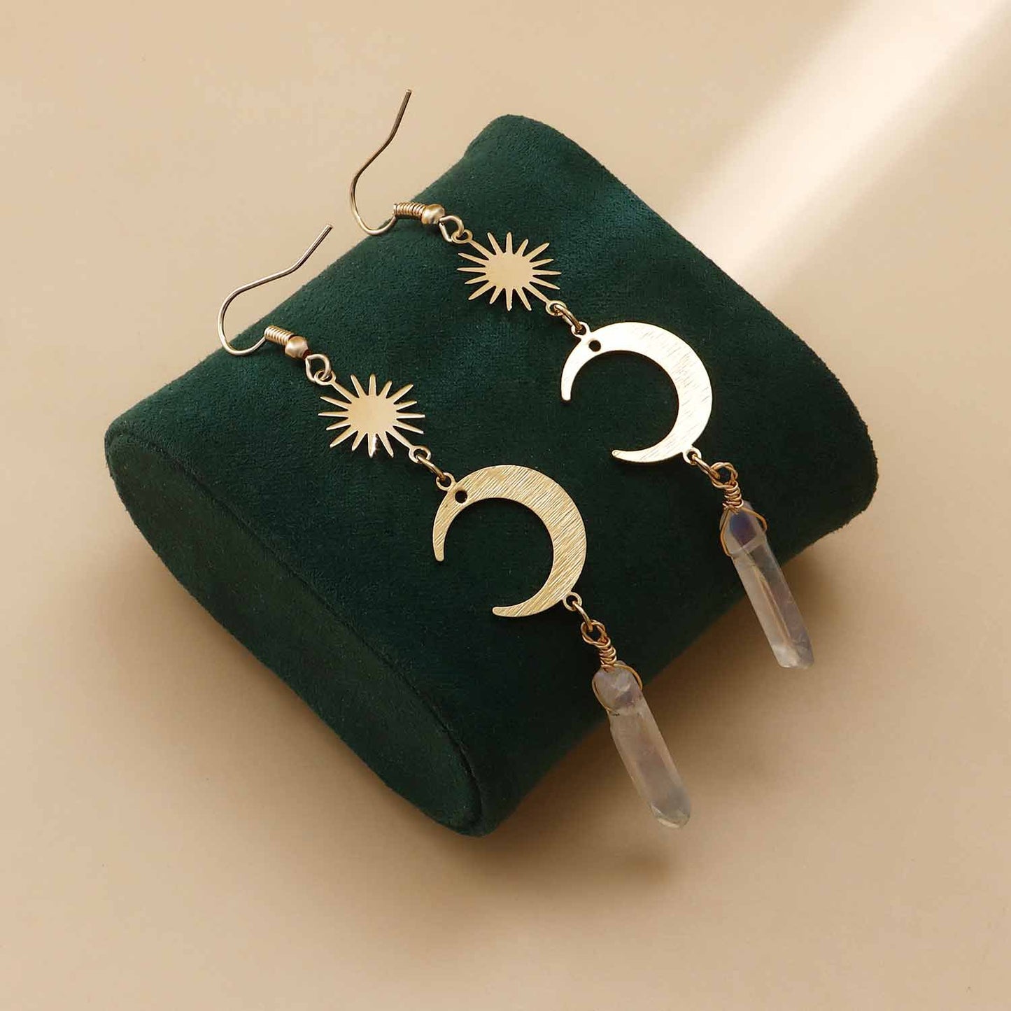 Vintage Geometric Moon-Shaped Long Tassel Earrings with Transparent Semi-Precious Stones for Women