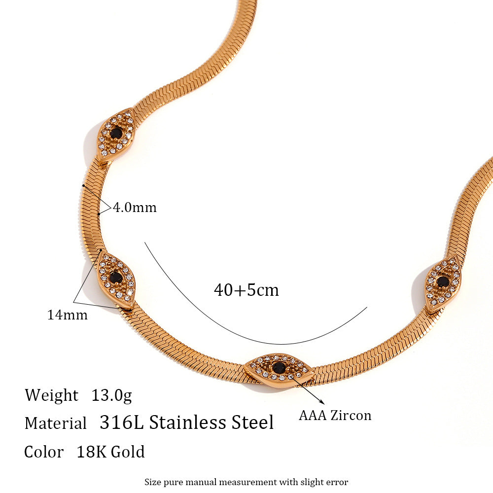 Fashionable Evil Eye Pendant Necklace in Stainless Steel with 18K Gold Plating and Rhinestone Inlay, Geometric Design on Blade Chain for Women