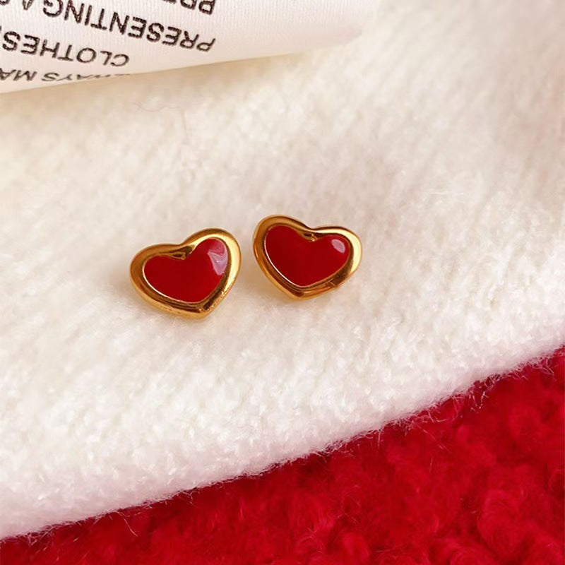 Set di collana minimalista in acciaio al titanio a forma di cuore con smalto, catena a serpente e orecchini a perno.