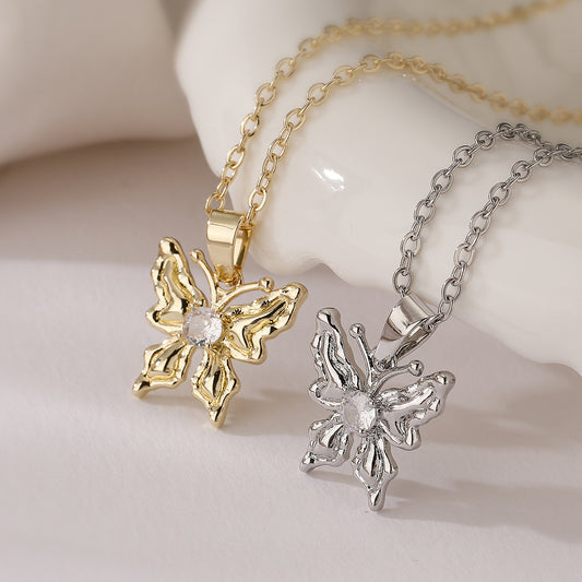 Minimalist Butterfly Pendant Necklace for Women Made of Brass with Rhinestone Inlay and Gold Plating