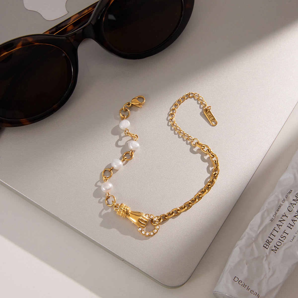 Bracciale da donna in acciaio inossidabile placcato oro 18 carati con motivo geometrico rotondo alla moda