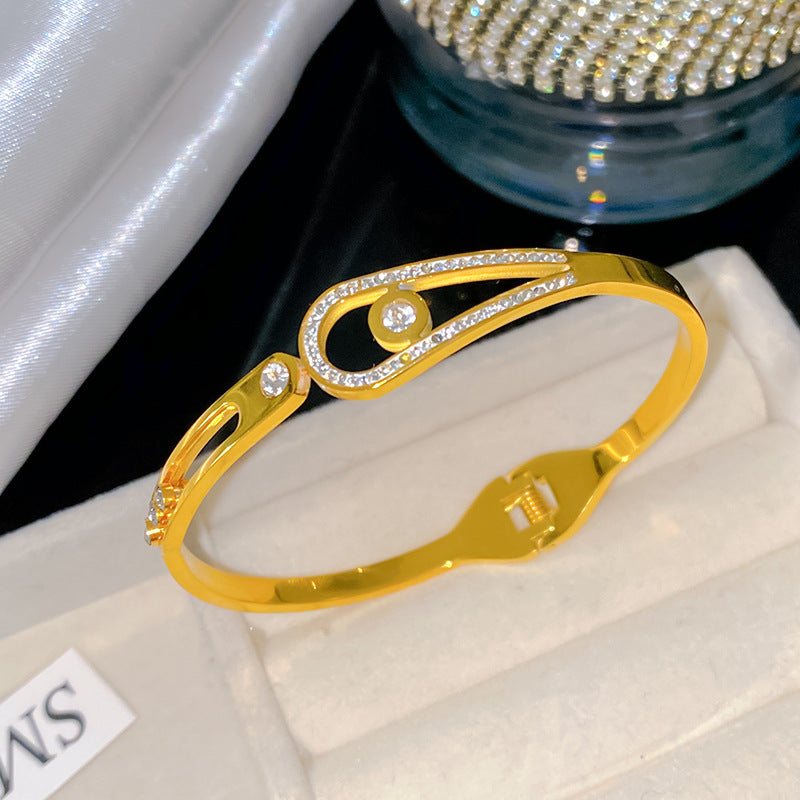 Four-Leaf Clover Hollow Roman Numeral Open Cuff Titanium Steel Bracelet