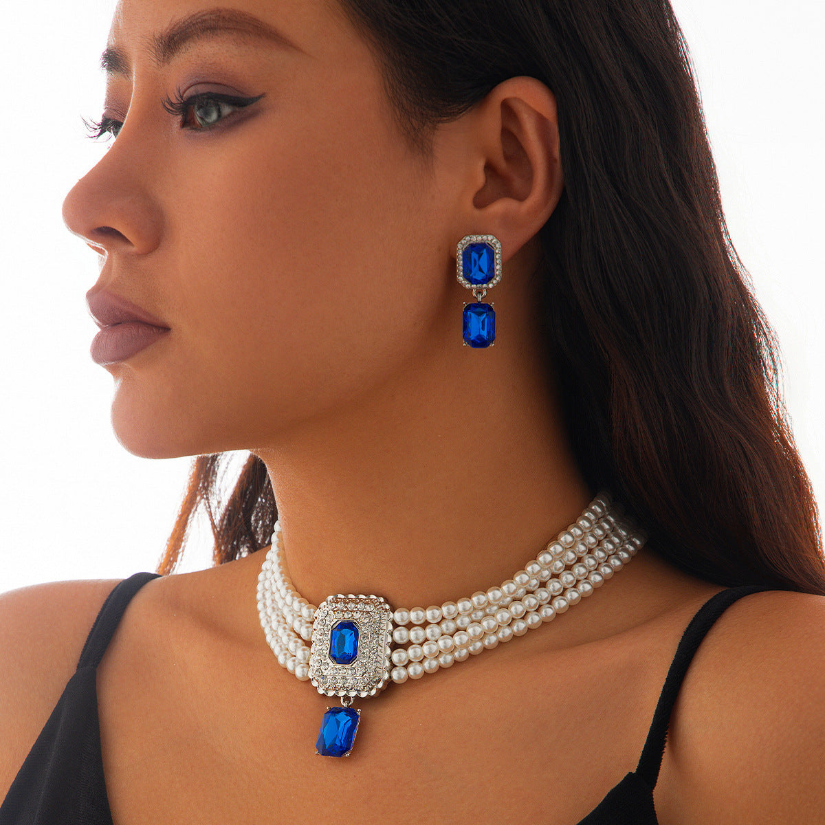 Luxury Multi-Layer Geometric Imitation Pearl Necklace and Earring Set with Triangle and Heart Charms for Women