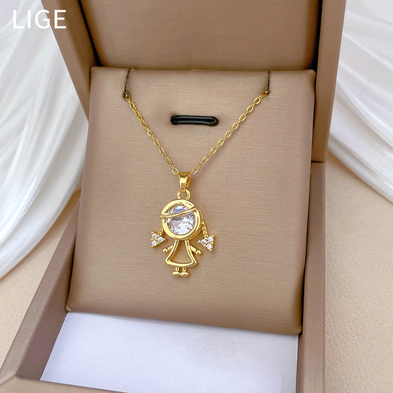 Luxury Titanium Steel Geometric Moon Pendant Necklace for Women with Rhinestone Inlay, Adjustable Titanium Steel Chain, Elegant Clavicle Jewelry