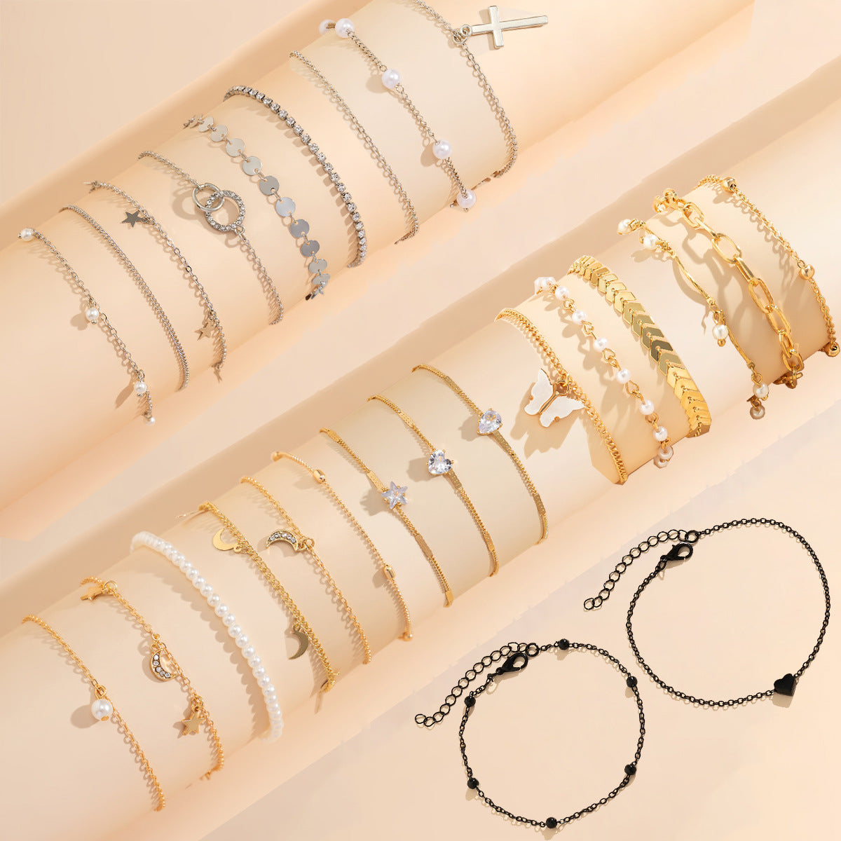 Juego de tobilleras minimalistas con borlas en forma de estrella y perlas de imitación para mujer, joyas de resina y plástico