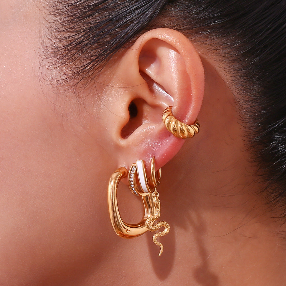 Orecchini Eleganti a U in Acciaio al Titanio con Finitura Geometrica, Placcatura in Oro 18K e Smalto, Stile Ufficio