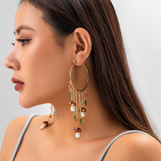 Pendientes de borla de seta rústicos florales para mujer con marco de metal de forma geométrica y acabado chapado