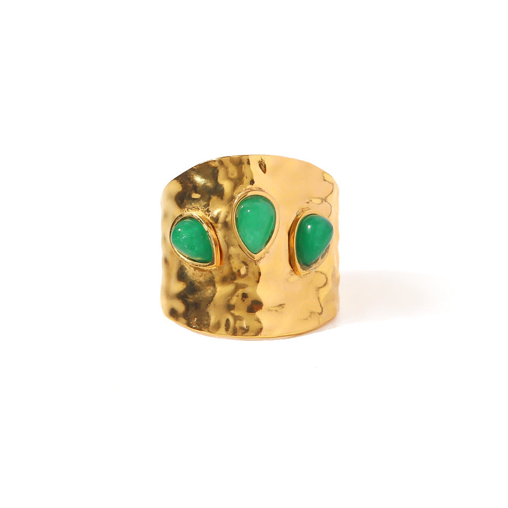 Minimalist French-Inspired Titanium Steel Ring with Three Irregular Green Natural Stones for Women