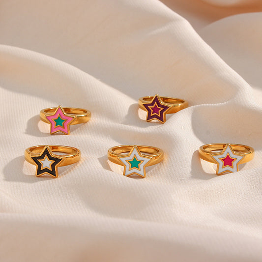 Anello in acciaio inossidabile a stella da donna, stile bohémien minimalista, con finitura smaltata e design geometrico