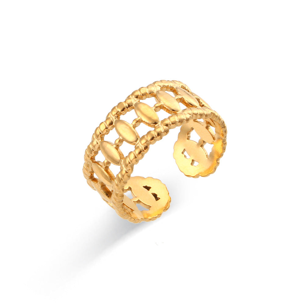 Anillo abierto trenzado de acero inoxidable calado geométrico a la moda para mujer con acabado chapado