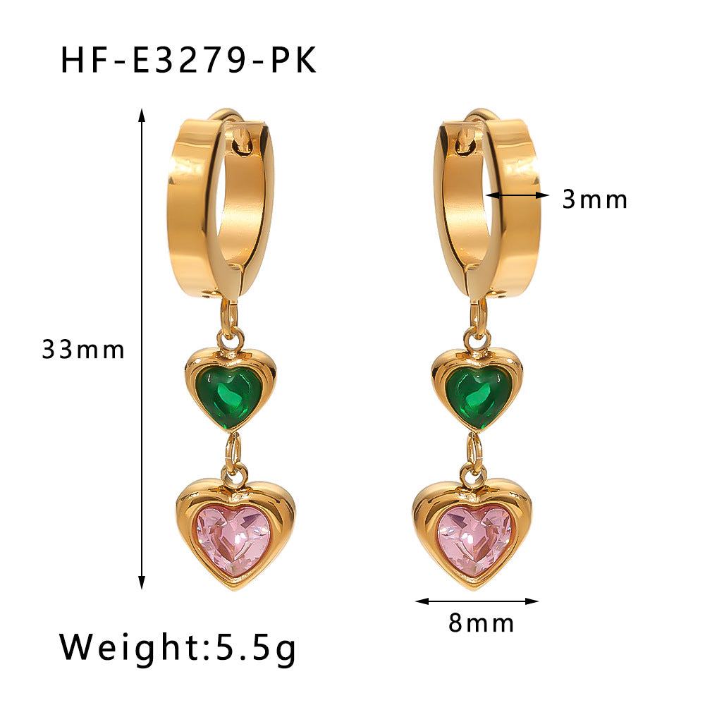 Orecchini Vintage da Donna in Acciaio al Titanio con Smeraldo Verde a Cuore, Zirconia Incastonata, Finitura Placcata e Design Elegante Minimalista