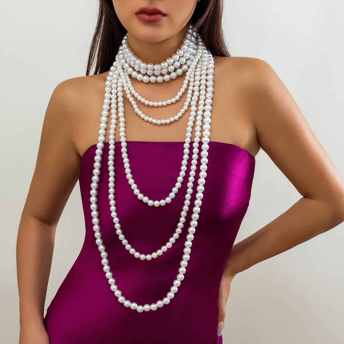 Vintage French-Inspired Multi-Layer Pearl-Style Choker Necklace for Women with Geometric Beads and Ball Chain