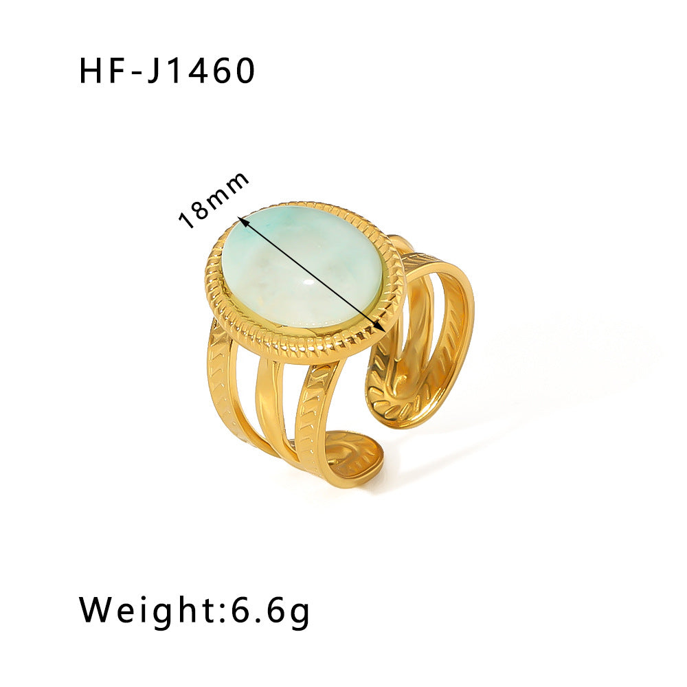 Vintage Geometric Round Emerald Green Natural Stone Stainless Steel Ring with 18K Gold Plating