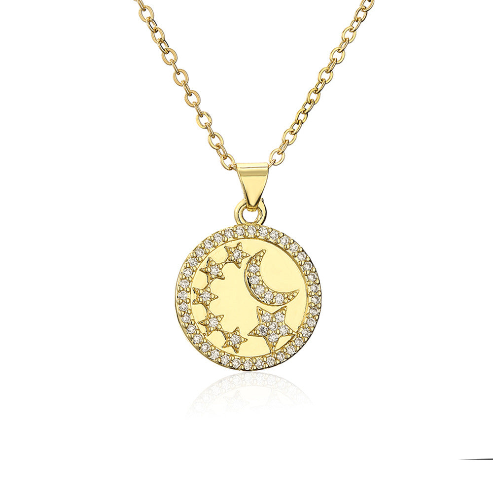 Collana Pendente Minimalista con Stella e Luna da Donna in Rame Placcato Oro, Design Geometrico Rotondo e Intarsio di Strass