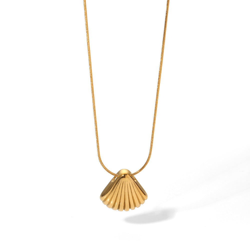Minimalist Shell-Shaped Pendant Necklace in Stainless Steel with Titanium Steel Inlay and Electroplated Finish for Women