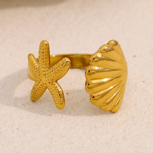 Anello da donna in acciaio inossidabile a forma di stella placcato in oro 18 carati con design ispirato all'oceano