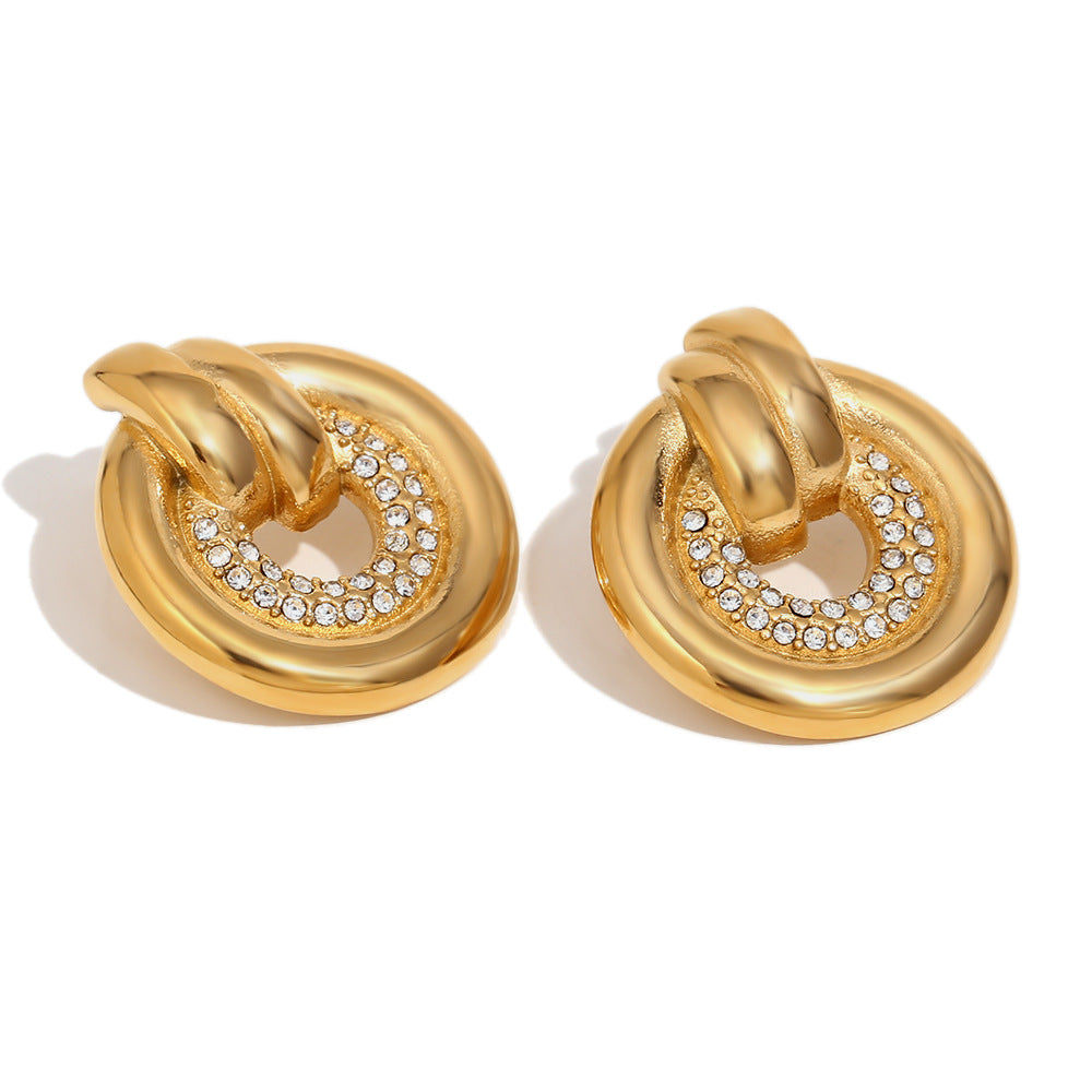 Vintage Elegant 18K Gold Plated Stainless Steel Round Geometric Rhinestone Stud Earrings for Women