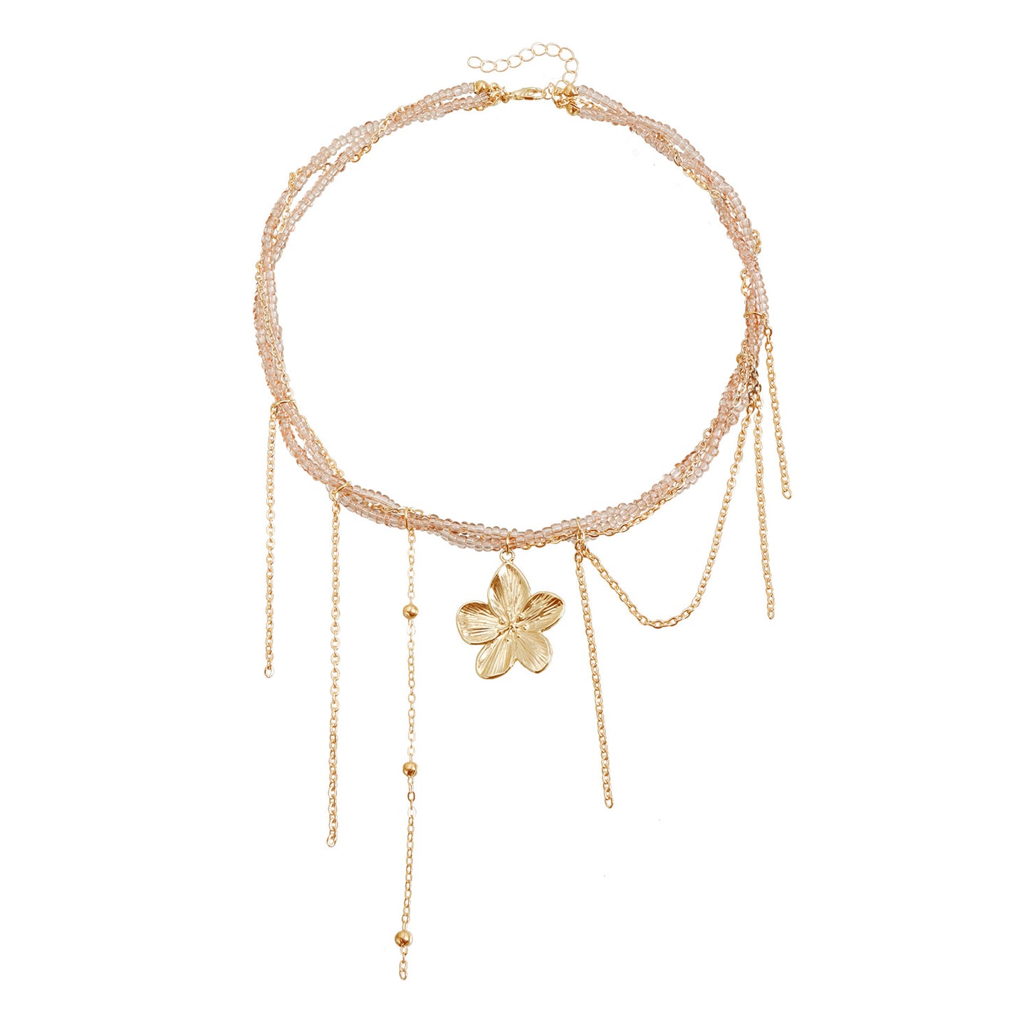 Sweet Pink Crystal Floral Geometric Heart Alloy Plated Tassel Necklace for Women