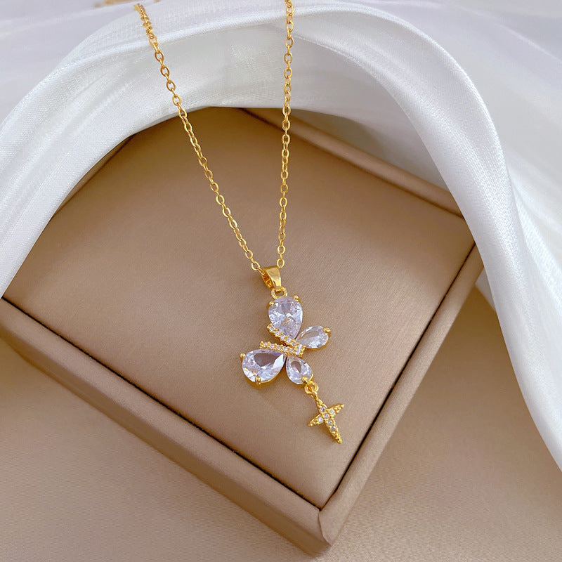Minimalist Butterfly Pendant Necklace in Titanium Steel with Rhinestone Inlay for Women and Men