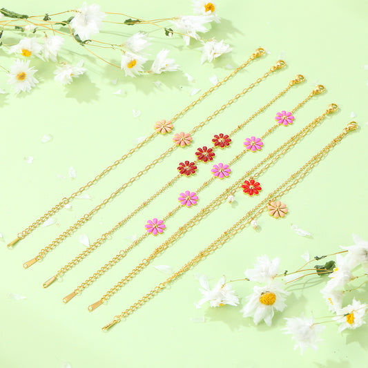 Sweet Minimalist 18K Gold Plated Titanium Steel Daisy Pearl Enamel Bracelet for Women